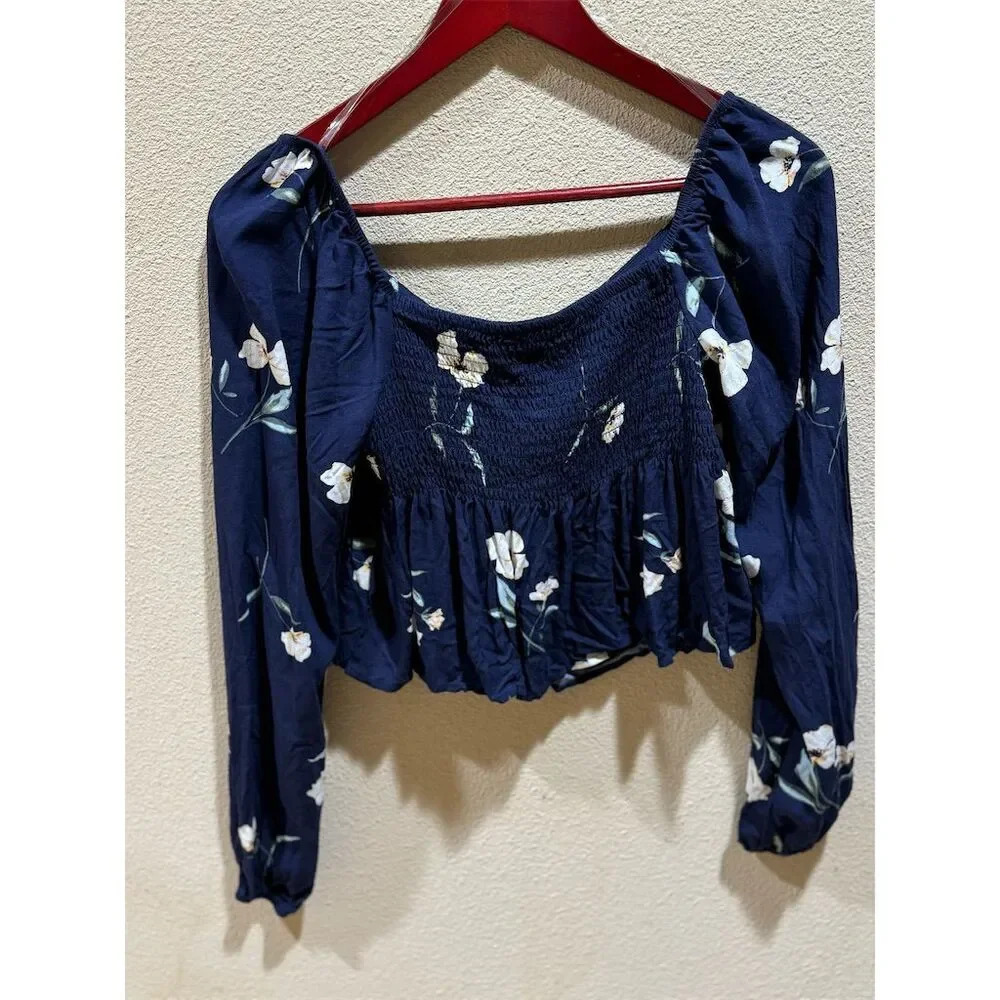 LA Hearts by PacSun Women's Floral Blouse Navy Blue XS Long Puff Sleeve V-Neck - Picture 6 of 6